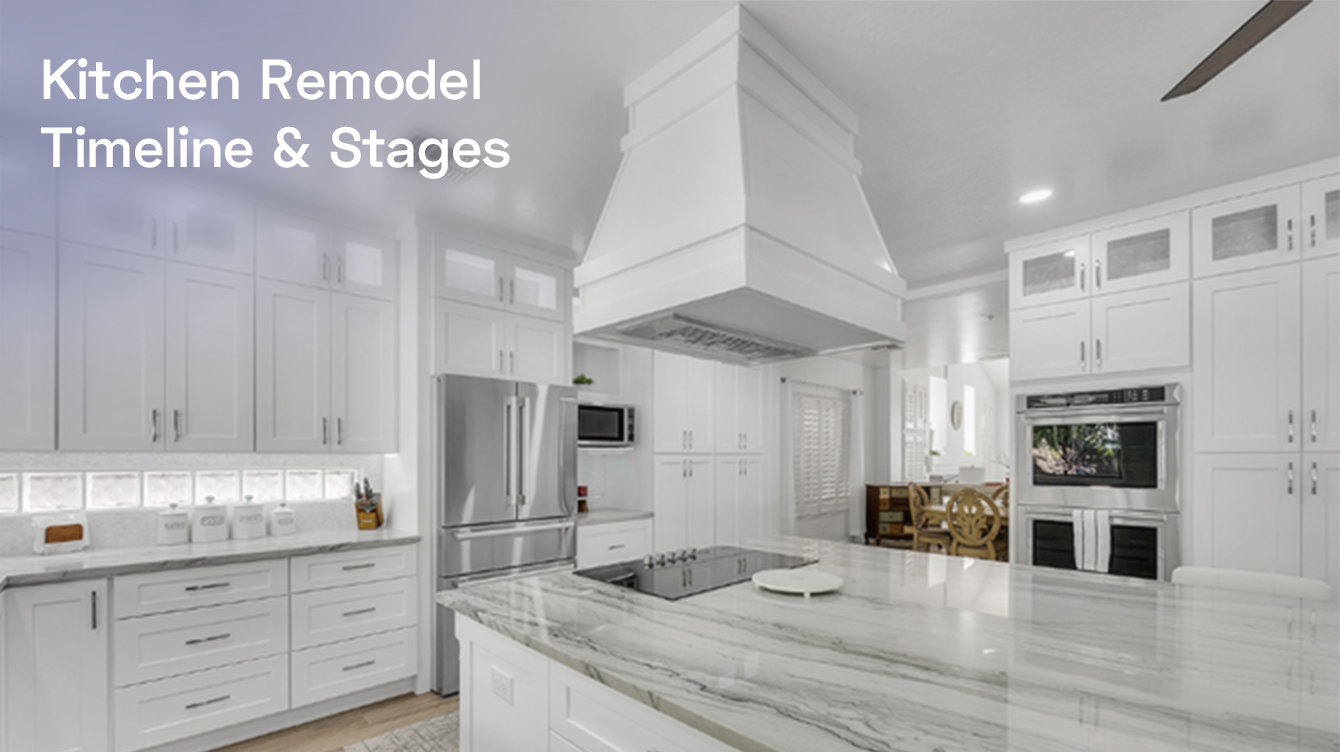 Modern white kitchen with marble countertops, stainless steel appliances, and elegant cabinetry, illustrating the remodeling timeline and process.